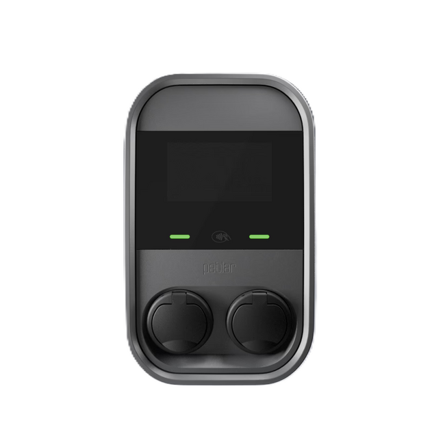 Peblar Dual 22kW laadstation met MID en socket, zwart en grijs, compact ontwerp voor elektrische voertuigen, geschikt voor EV laadstations